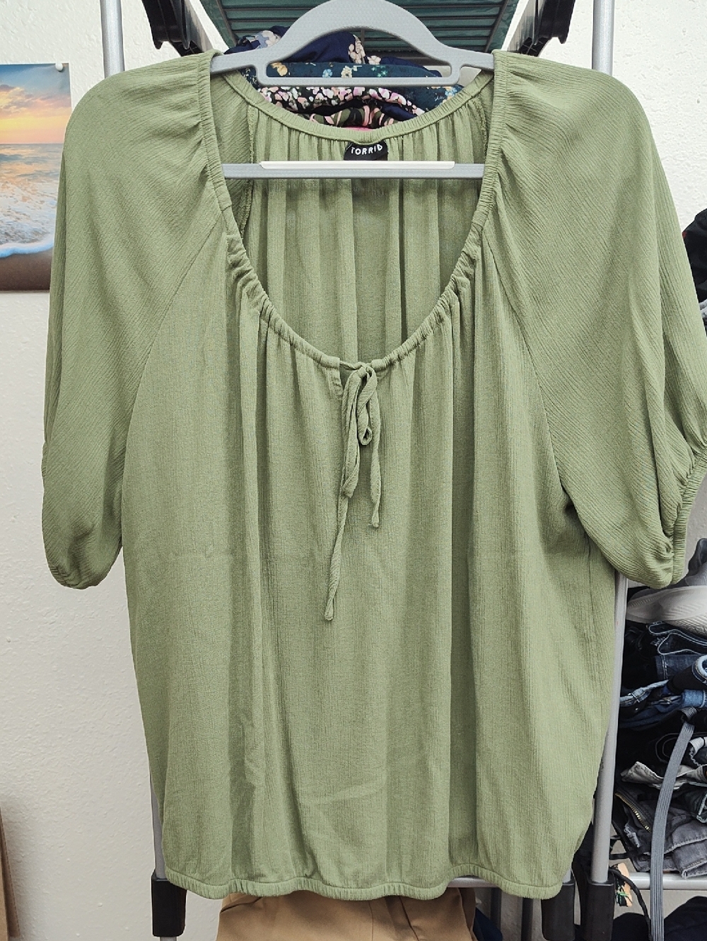 torrid Olive Green Peasant Tie-Neck Blouse